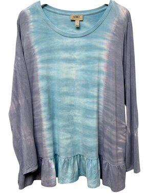 LOGO Lori Goldstein Tie Dye Tunic Tee Plus Size 1X Blue Ruffle Boho Top Pockets
